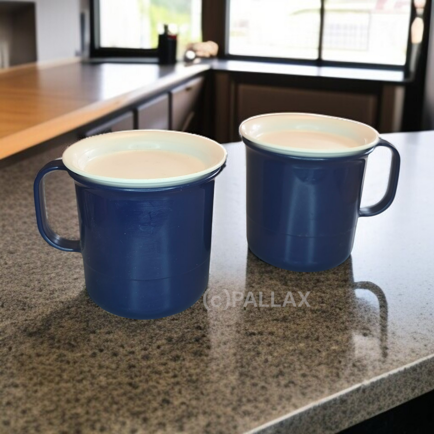 TUPPERWARE C36 NEUE TRINK-PALETTE INDIGO WEISS TASSEN MIT DECKEL 2x 350 ML