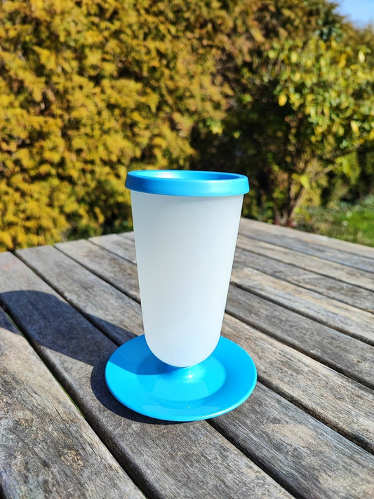 TUPPERWARE VINTAGE EISBECHER MIT DECKEL UND ABNEHMBARER UNTERTASSE BLAU