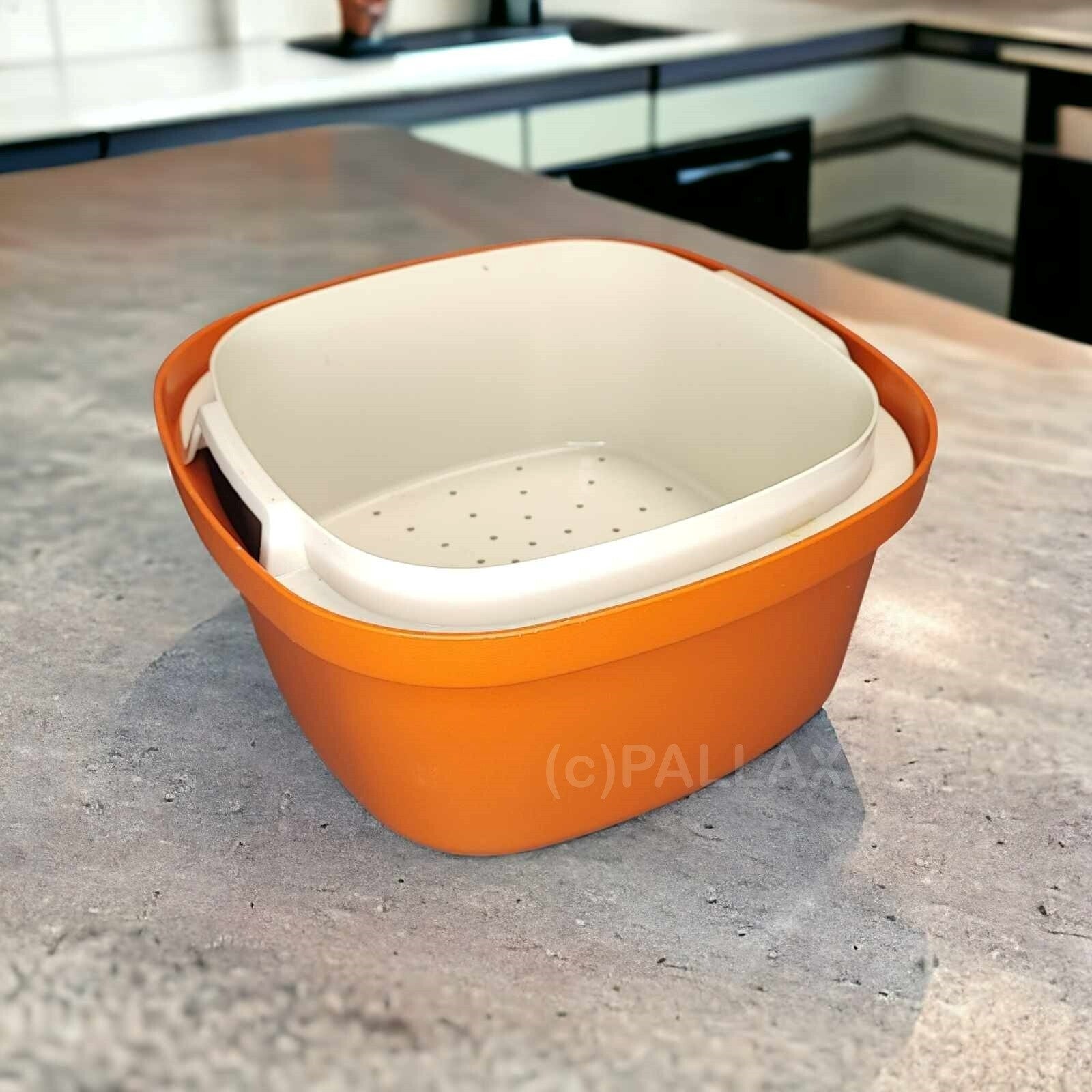 TUPPERWARE C37 SIEB-SERVIERER ORANGE WEISS REIS KOCHEN ÜBERBRÜHEN AUFKOCHEN
