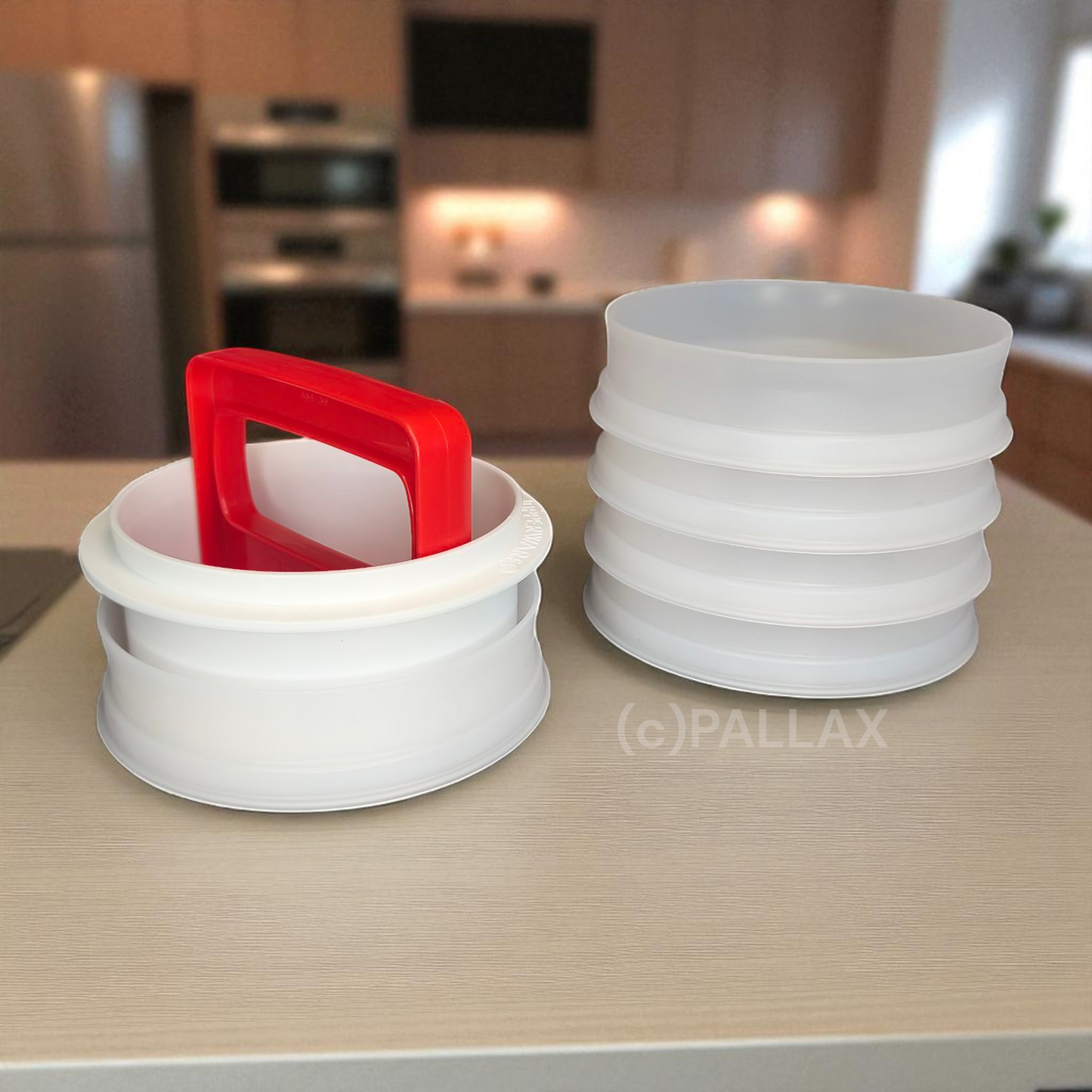 TUPPERWARE D26 + D27 HAMBURGER-FORMER + HAMBURGER-STAPLER 5x 125 ML ROT WEISS