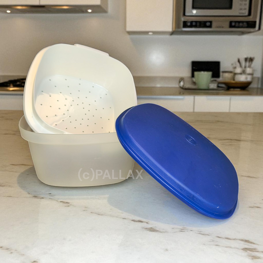 TUPPERWARE C37 SIEB-SERVIERER 3,0 L BLAU WEISS REIS KOCHEN ÜBERBRÜHEN AUFKOCHEN