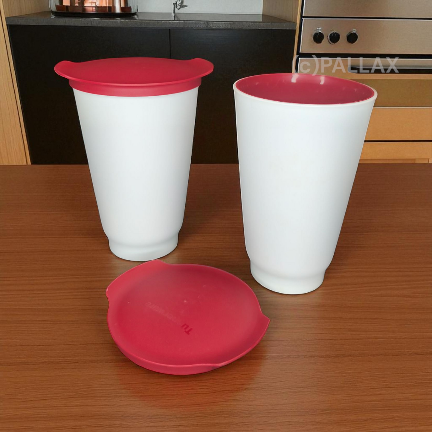 TUPPERWARE C158 ALLEGRA CUPS ROT WEISS 2x 450 ML TRINKBECHER MIT DECKEL