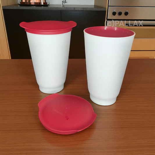 TUPPERWARE C158 ALLEGRA CUPS ROT WEISS 2x 450 ML TRINKBECHER MIT DECKEL