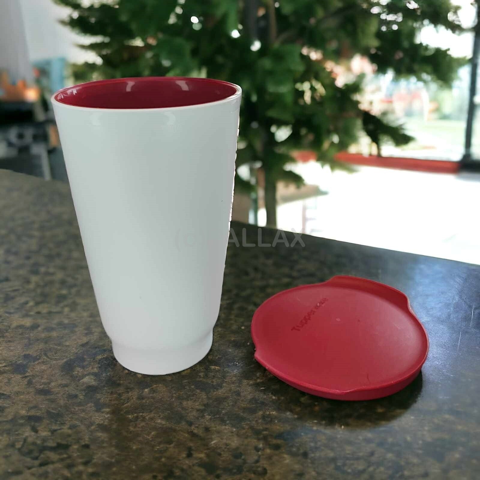 TUPPERWARE C158 ALLEGRA CUP 450 ML CUPS ROT WEISS TRINKBECHER MIT DECKEL