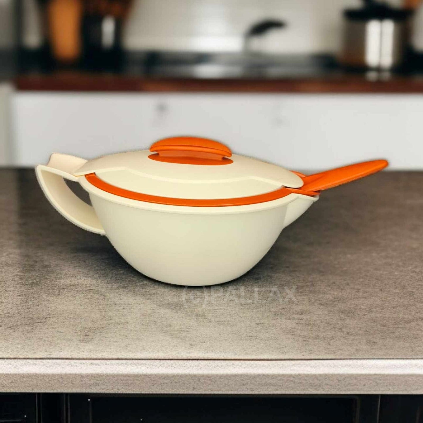 TUPPERWARE C130 THERMO-DUO THERMO-SAUCIERE MIT SOSSENLÖFFEL KARMESIN-ROT WEISS