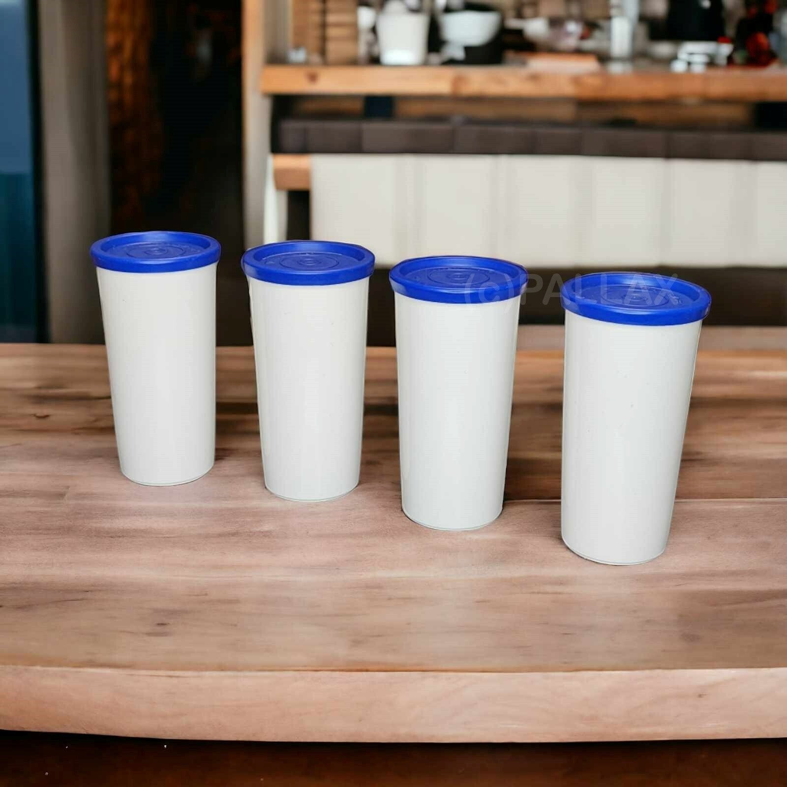TUPPERWARE C08 BECHER-SATZ 4x 170 ML BLAU WEISS AUCH PASSEND FÜR SIEB-SERVIERER