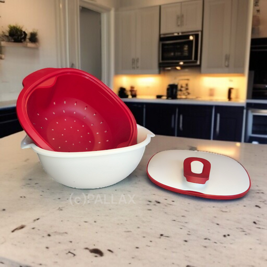 TUPPERWARE C192 WARMIE-TUP SIEB-SERVIERER 2,25 L + 2,4 L ROT WEISS