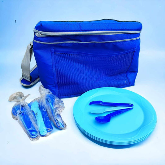 TUPPERWARE MEDITERRANO GROSSE PICKNICK-KÜHLTASCHE MIT TELLERN + BESTECK BLAU