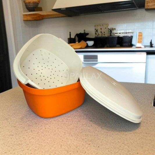 TUPPERWARE C37 SIEB-SERVIERER ORANGE WEISS REIS KOCHEN ÜBERBRÜHEN AUFKOCHEN